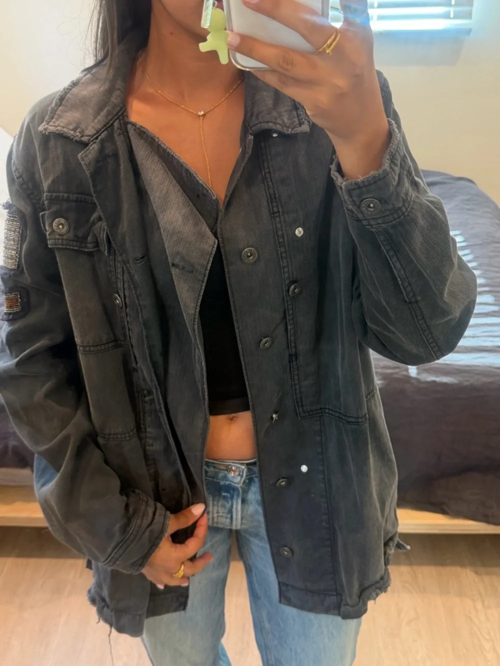 Free People Washed Black Denim Jacket with Gold Sequin Patches - Picture 2 of 4